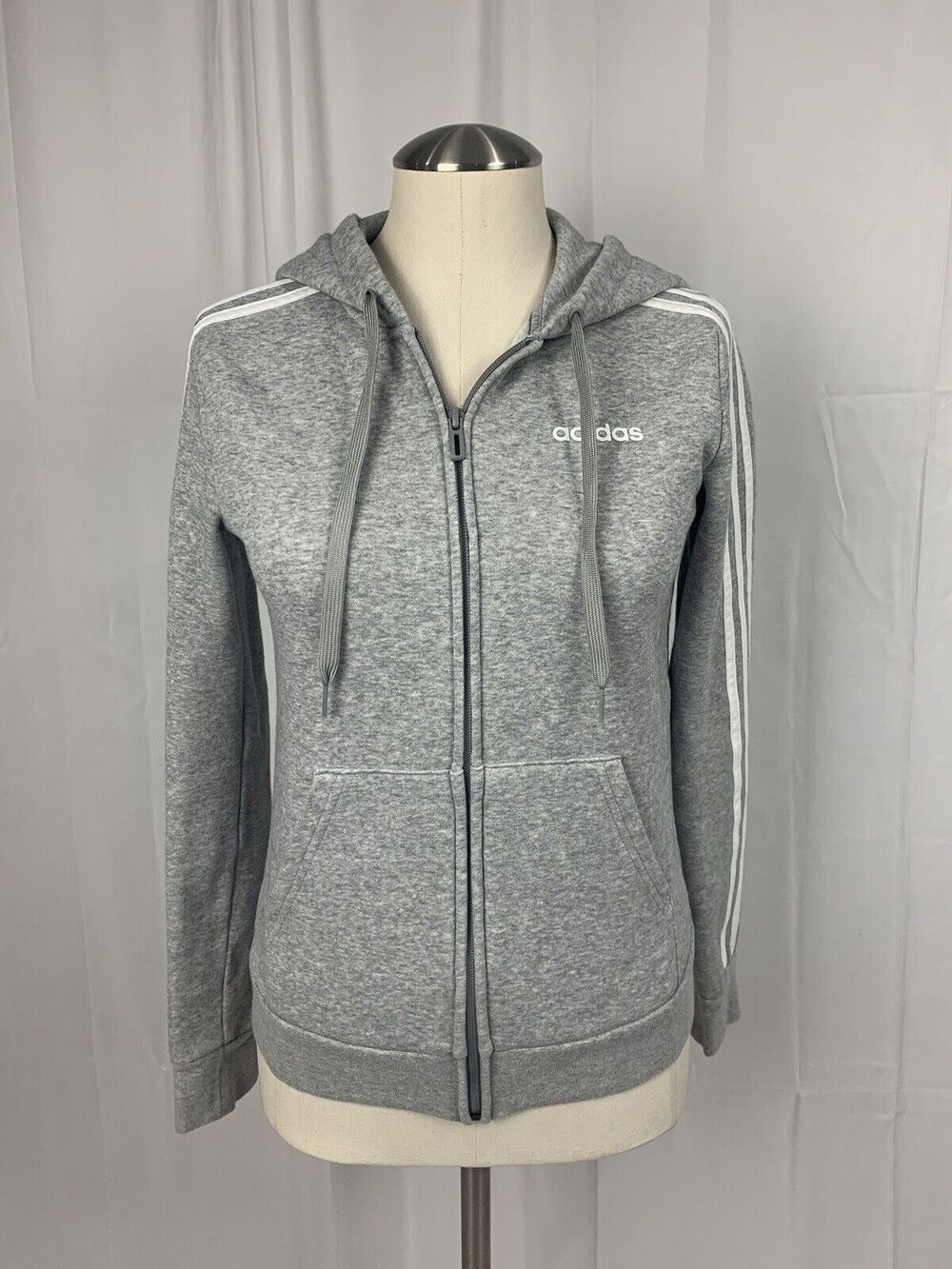 Adidas Women’s Front Zip Up Long Sleeve Hooded Sweatshirt Pockets Gray Size XS